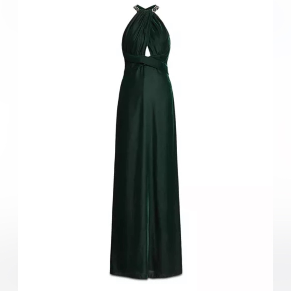 Lauren Ralph Lauren Dark Green Adelbola Velvet Beaded Halter Gown, Size 12